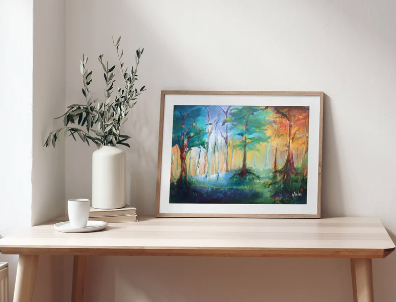 Table with painting of 4 trees