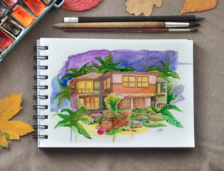 Illustration of a house at night surrounded by banana trees