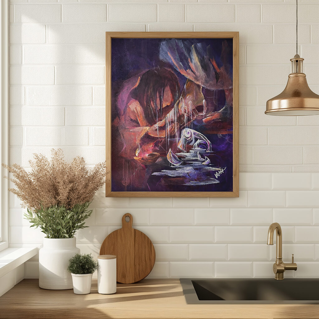 Mockup of a 4x5 vertical wooden frame in a modern kitchen interi