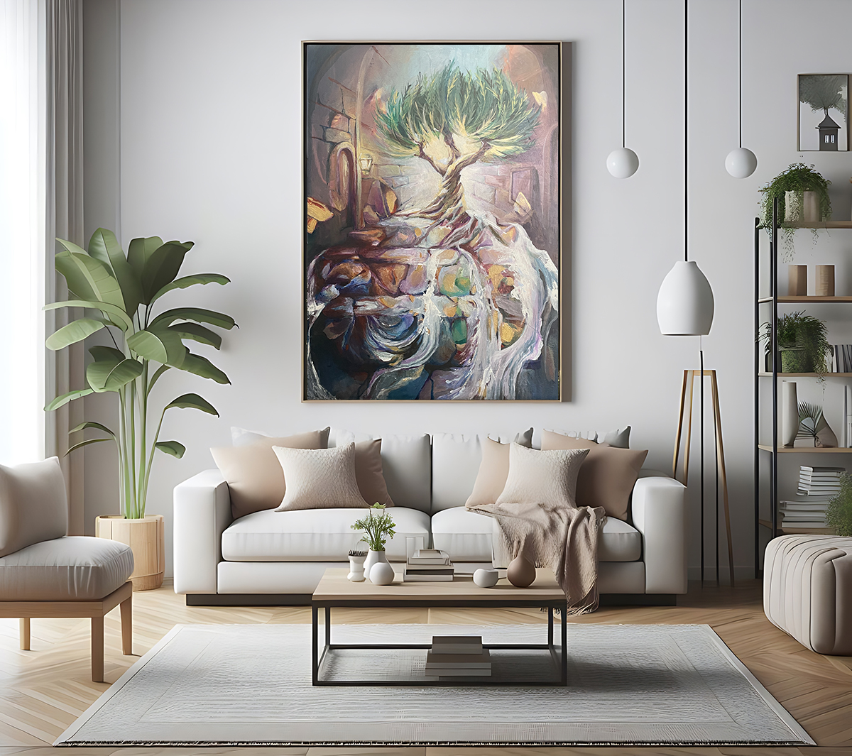 A living room style interior set design with a mockup poster emp