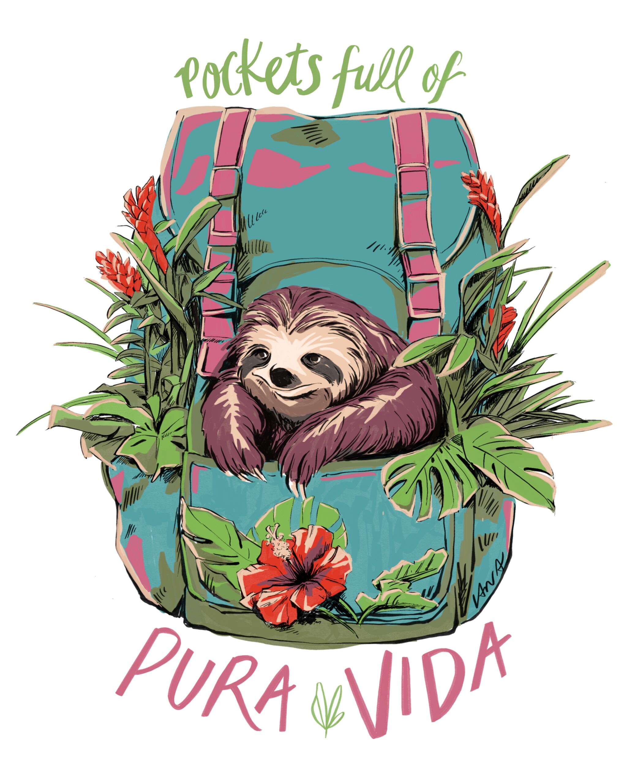 Sloth in a backpack, illustrated by Vania Hardy Sloth in a backpack, illustrated by Vania Hardy